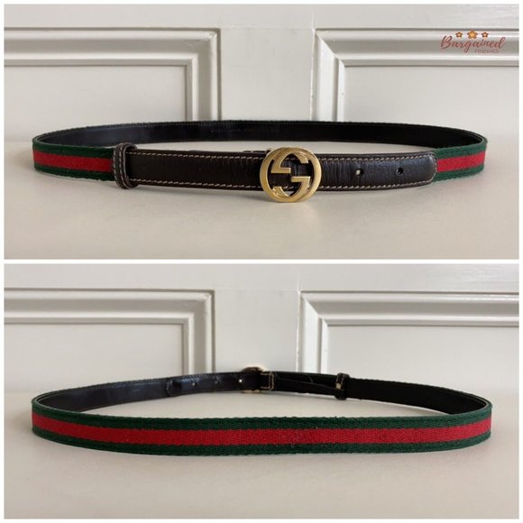 Authentic Gucci Web Canvas Brown Leather GoId Interlocking G Buckle Belt 85/34 - Picture 5 of 13